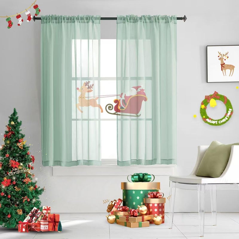 TOAVA DECO Mint Green Semi Sheer Curtains Rod Pocket 63 Inch Length Faux Linen Curtain Sage Green Sheers for Bedroom Living Room Girls Kids Room 2 Panels 52x63 - Image 1
